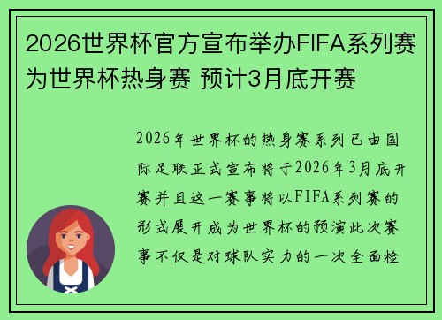 2026世界杯官方宣布举办FIFA系列赛为世界杯热身赛 预计3月底开赛 2026世界杯官方宣布举办FIFA系列赛为世界杯热身赛 预计3月底开赛