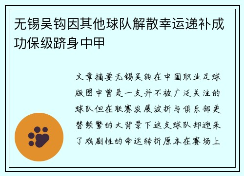 无锡吴钩因其他球队解散幸运递补成功保级跻身中甲